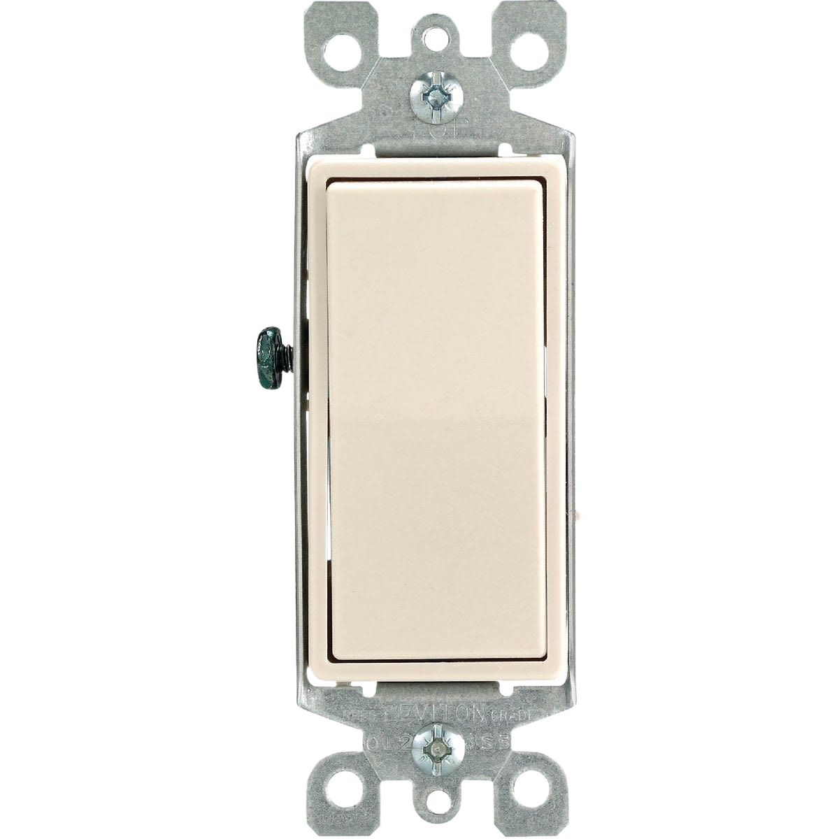 Light almond rocker switch with metal mounting frame designed for single pole wiring in home improvement projects