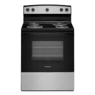 Freestanding electric range with four coil burners, large glass oven window, and stainless steel lower panel, ideal for kitchen and appliance collections.