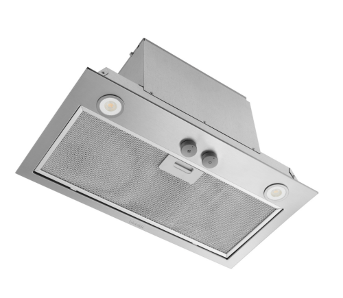Stainless steel custom range hood insert with LED lights and dual control knobs for kitchen and appliances collections