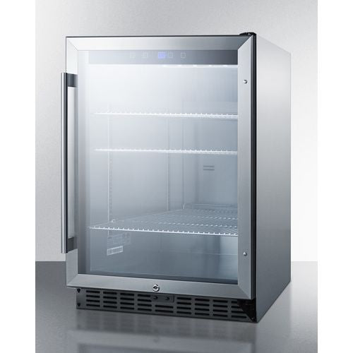 Commercial-grade stainless steel outdoor beverage center with glass door, digital controls, and wire shelving for beverage storage