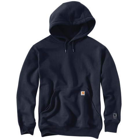 Men’s heavyweight navy hoodie with relaxed fit, adjustable hood, front kangaroo pocket, and durable water repellent finish from Carhartt at Hartville Hardware in Clothing & Shoes and Hoodies & Sweatshirts collections.