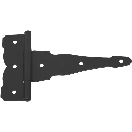Black ornamental reversible T-hinge with multiple screw holes for gate or door installation in home improvement projects