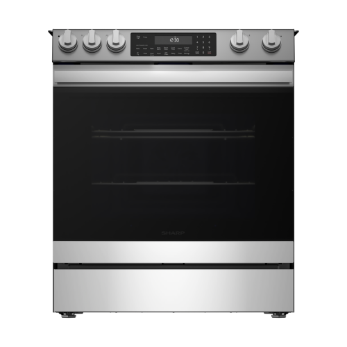 Stainless steel electric slide-in range with digital controls, convection, and AirFry features in kitchen appliance collections