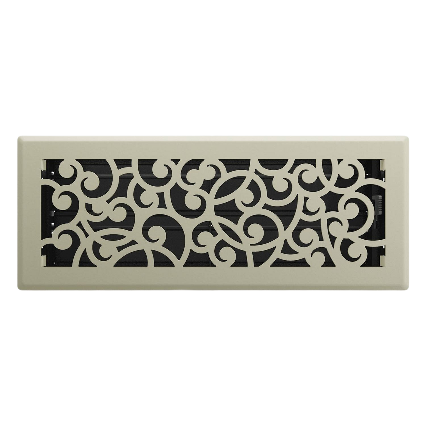 Decorative satin nickel floor register with intricate scrollwork pattern for home improvement and ventilation projects