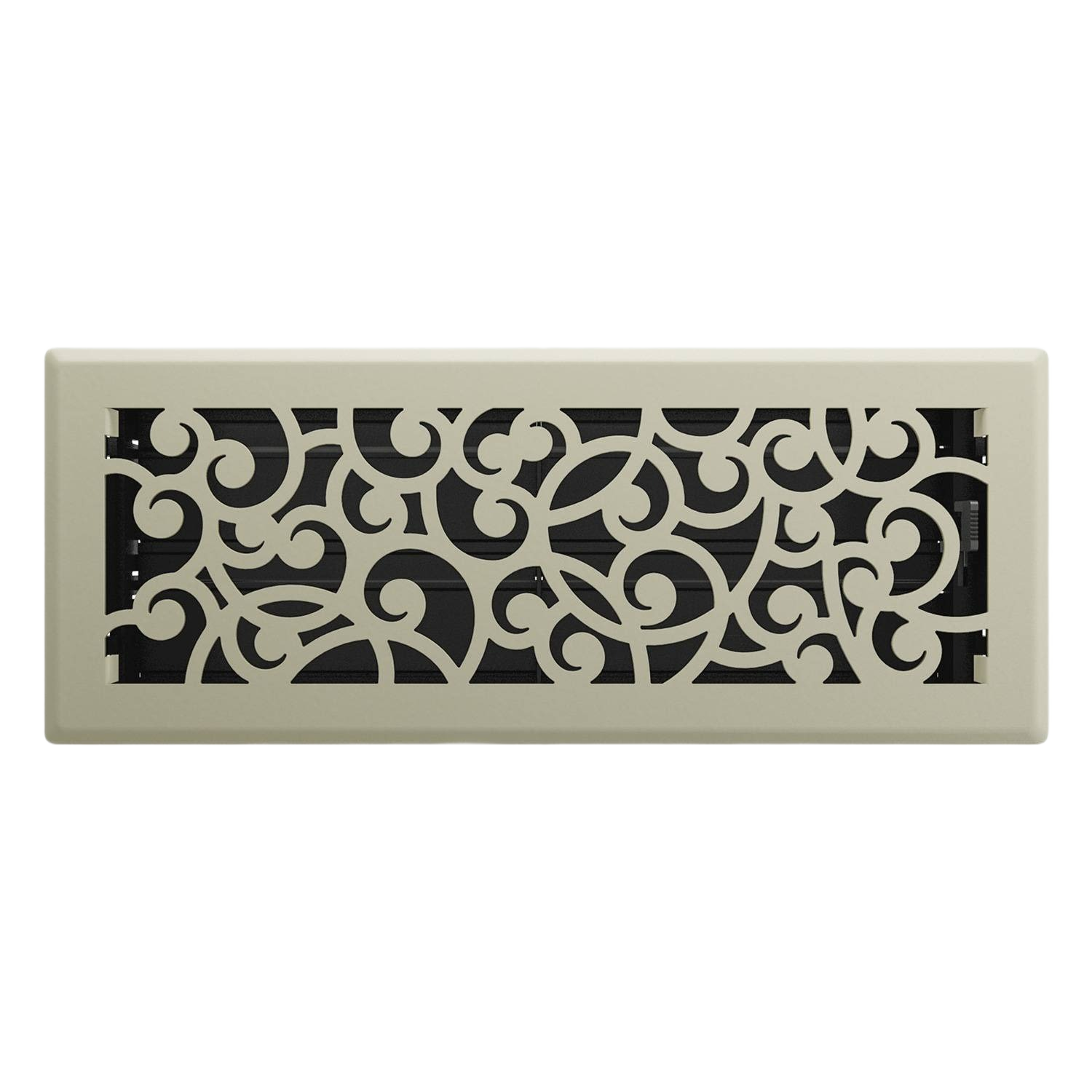 Decorative satin nickel floor register with intricate scrollwork pattern for home improvement and ventilation projects