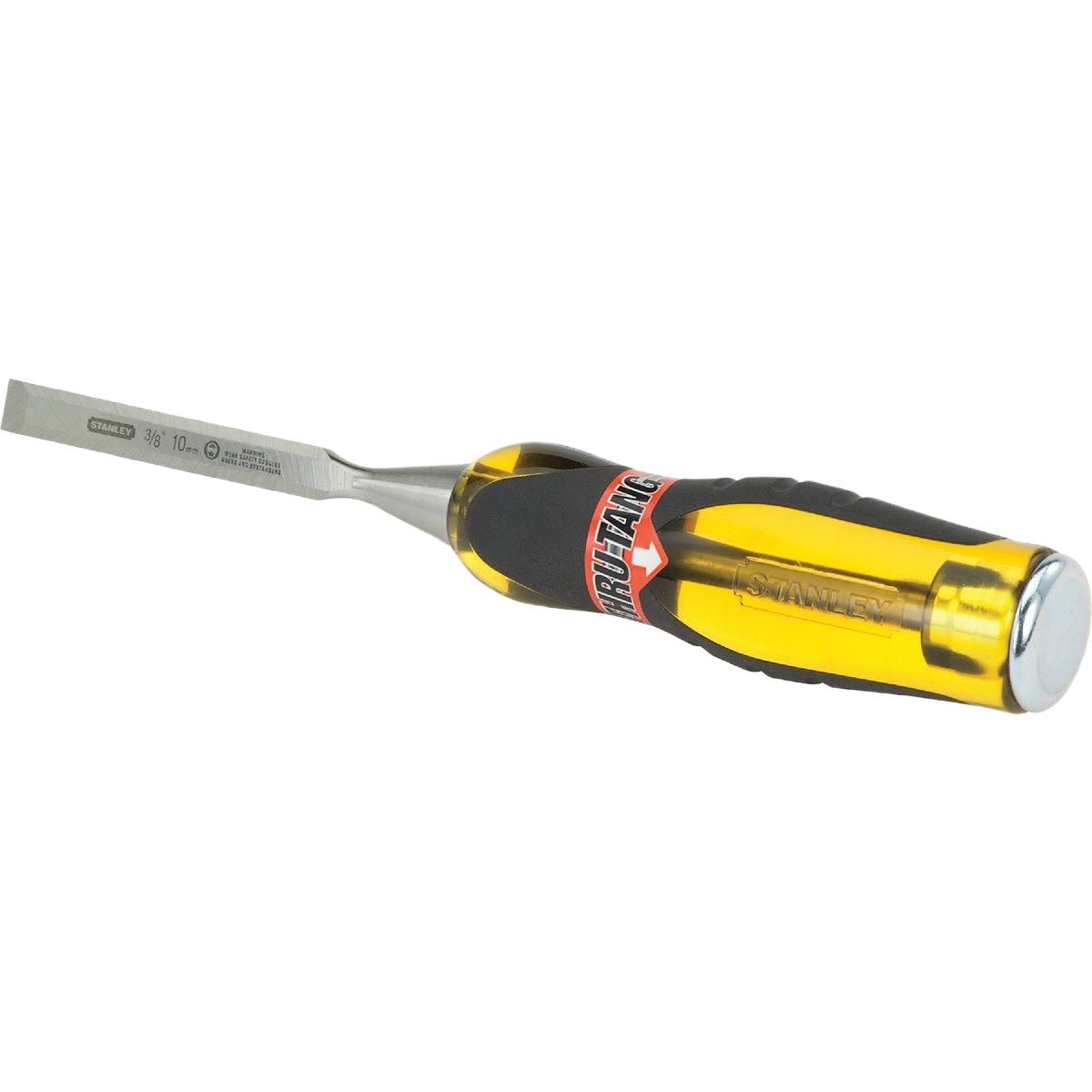 Wood chisel with hardened steel blade and ergonomic yellow and black handle from woodworking tools collection
