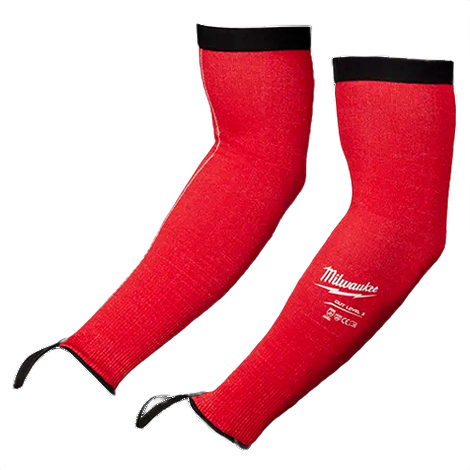 Red cut-resistant protective sleeves with black cuffs and Milwaukee logo for tool and home improvement safety use