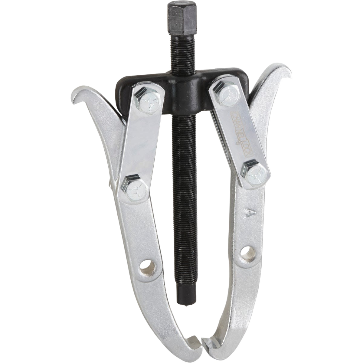 Two-jaw gear puller with adjustable arms and central screw for removing gears and pulleys from shafts in hand tools.