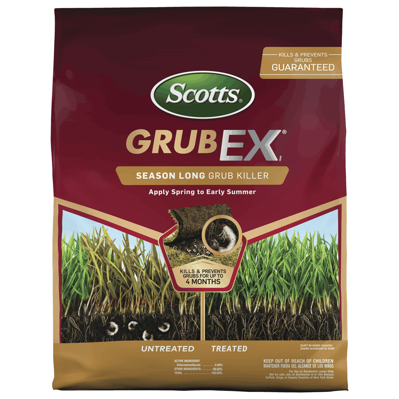 Bag of grub killer granules showing treated and untreated grass for lawn care in insect and pest control under $50