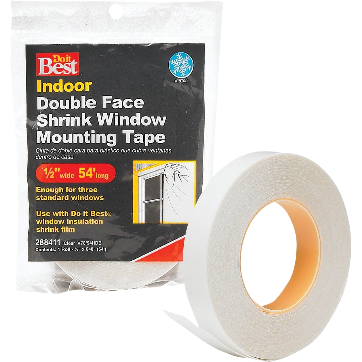 Clear double-sided tape roll with packaging for indoor window film mounting in home improvement hardware collections under $50