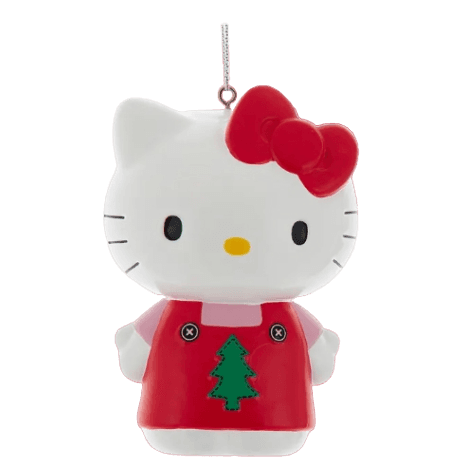 Hello Kitty ornament dressed in red with green Christmas tree detail, for holiday decor and tree decoration collections