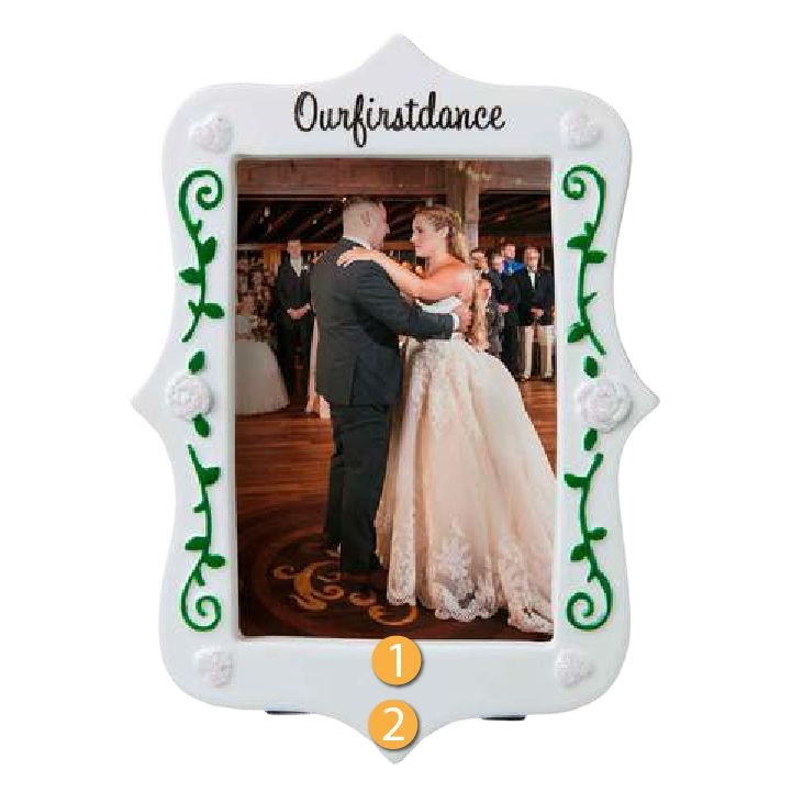 White frame ornament with green floral accents featuring a couple dancing, Christmas Ornaments & Tree Decorations under $50 collection