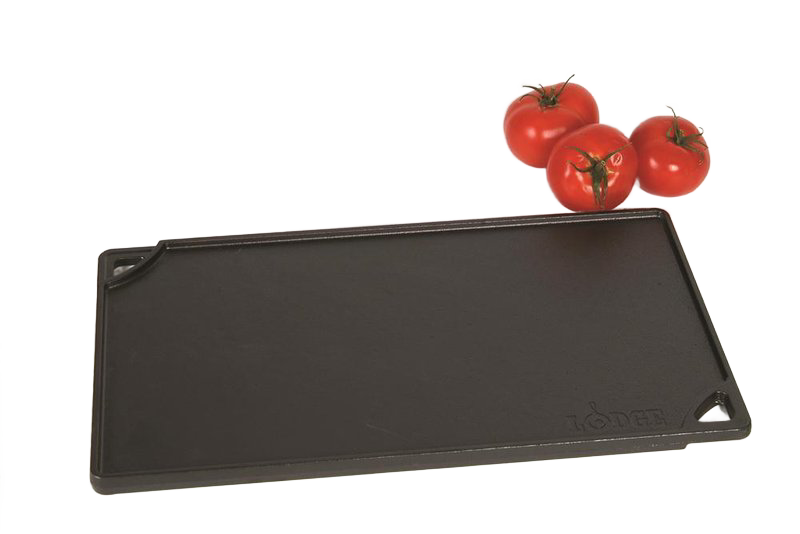 Rectangular cast iron griddle with smooth surface and pour spouts, suitable for indoor and outdoor cooking use.