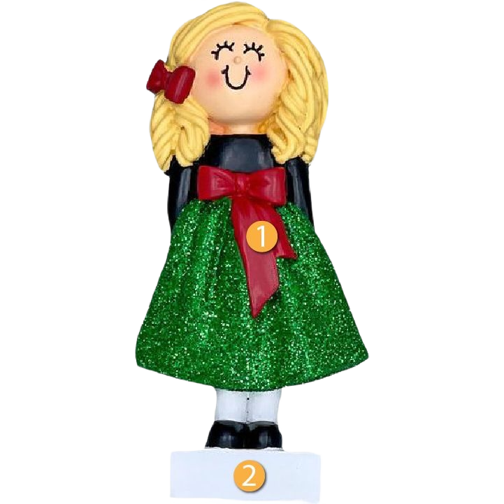 Personalized blonde girl ornament in sparkling green dress with red bow, part of Christmas Ornaments & Tree Decorations collection