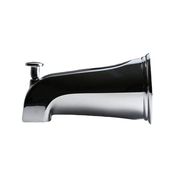 Chrome-plated diverter tub spout designed for use with Delta faucets in bathroom plumbing installations