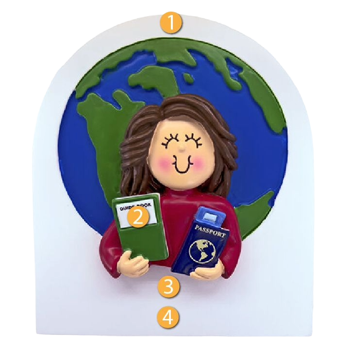 Smiling brunette female traveler holding passport and guidebook in front of globe, Christmas ornament under $50