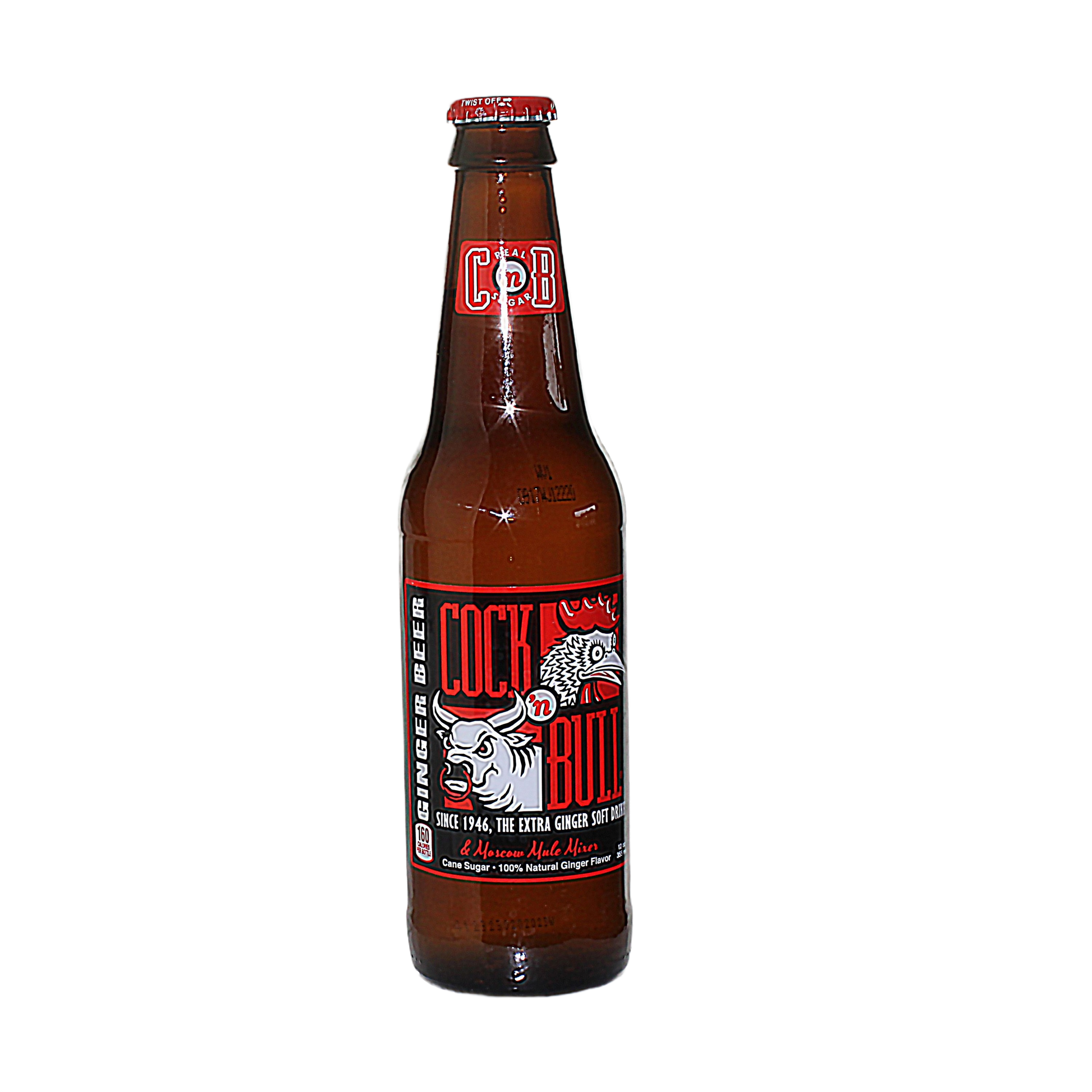 12 oz. brown glass bottle of Cock 'n Bull ginger beer with red and black label and cap in beverage category