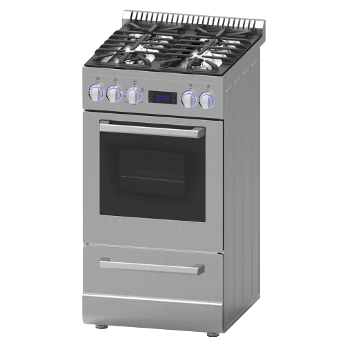 Compact stainless steel gas range with control knobs and digital display, suited for modern kitchen appliances collection