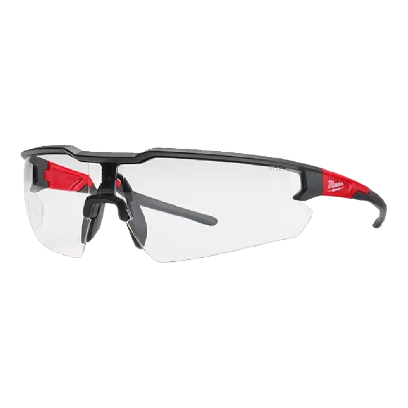 Clear safety glasses with black and red frame, featuring 3.0 magnification and anti-scratch coatings for protective eyewear use