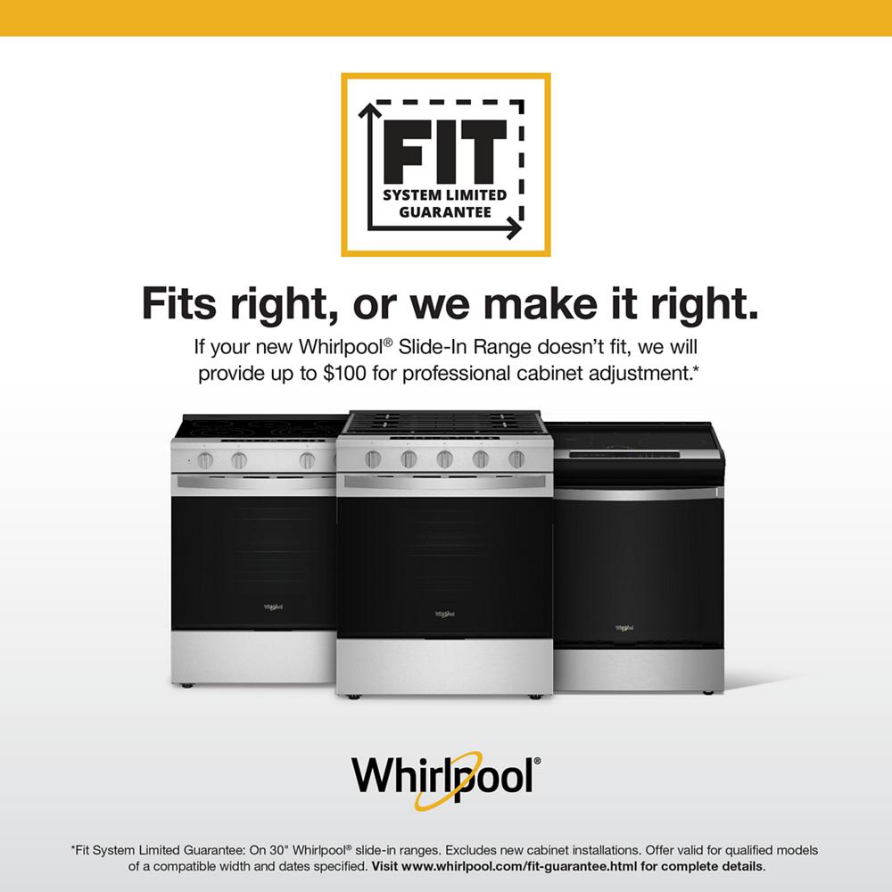 Three Whirlpool electric slide-in ranges side by side with Fit System Limited Guarantee logo and text above them