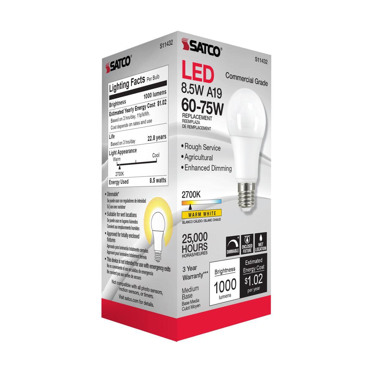 Commercial grade 8.5 watt LED bulb with warm white 2700K light, dimmable for agricultural and rough service use