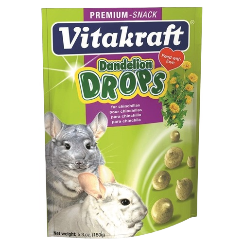 Packaging of Vitakraft dandelion-flavored drops snack for chinchillas with natural ingredients illustration
