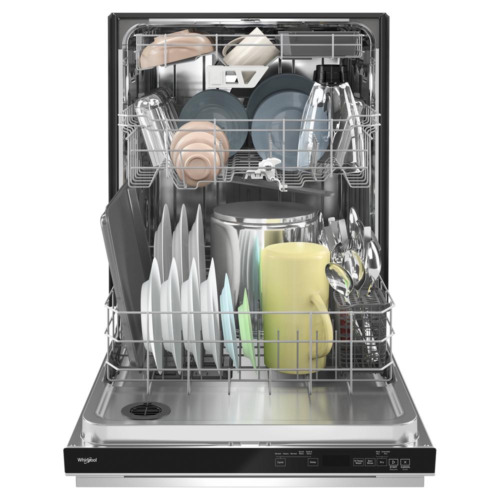 Open silverware basket and fully loaded silver dishwasher with dishes, mugs, and glassware in kitchen appliance setting