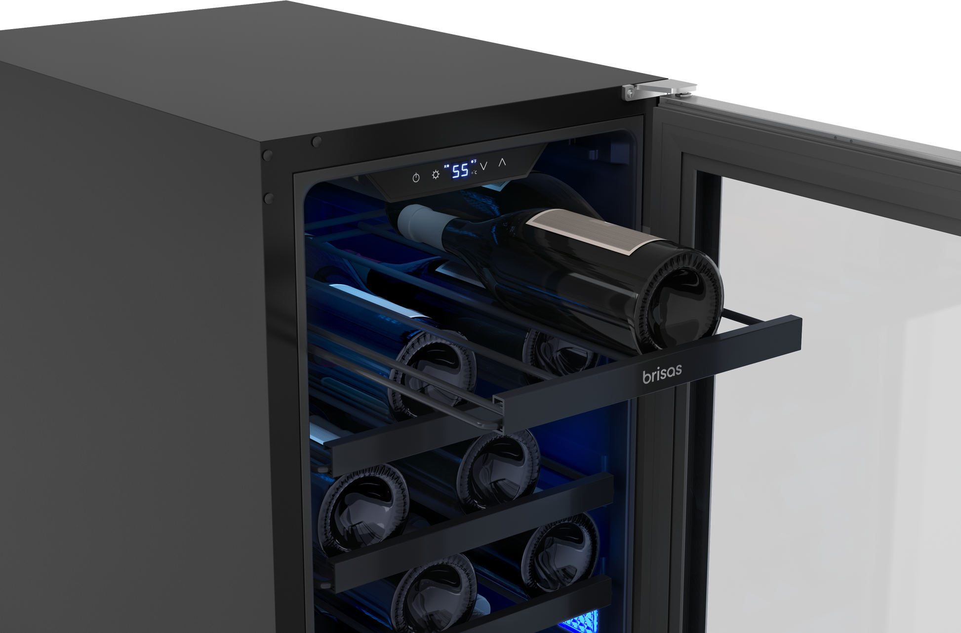 under-counter wine cooler with stainless steel frame, glass door, blue interior light, and wine bottles inside in appliances collection