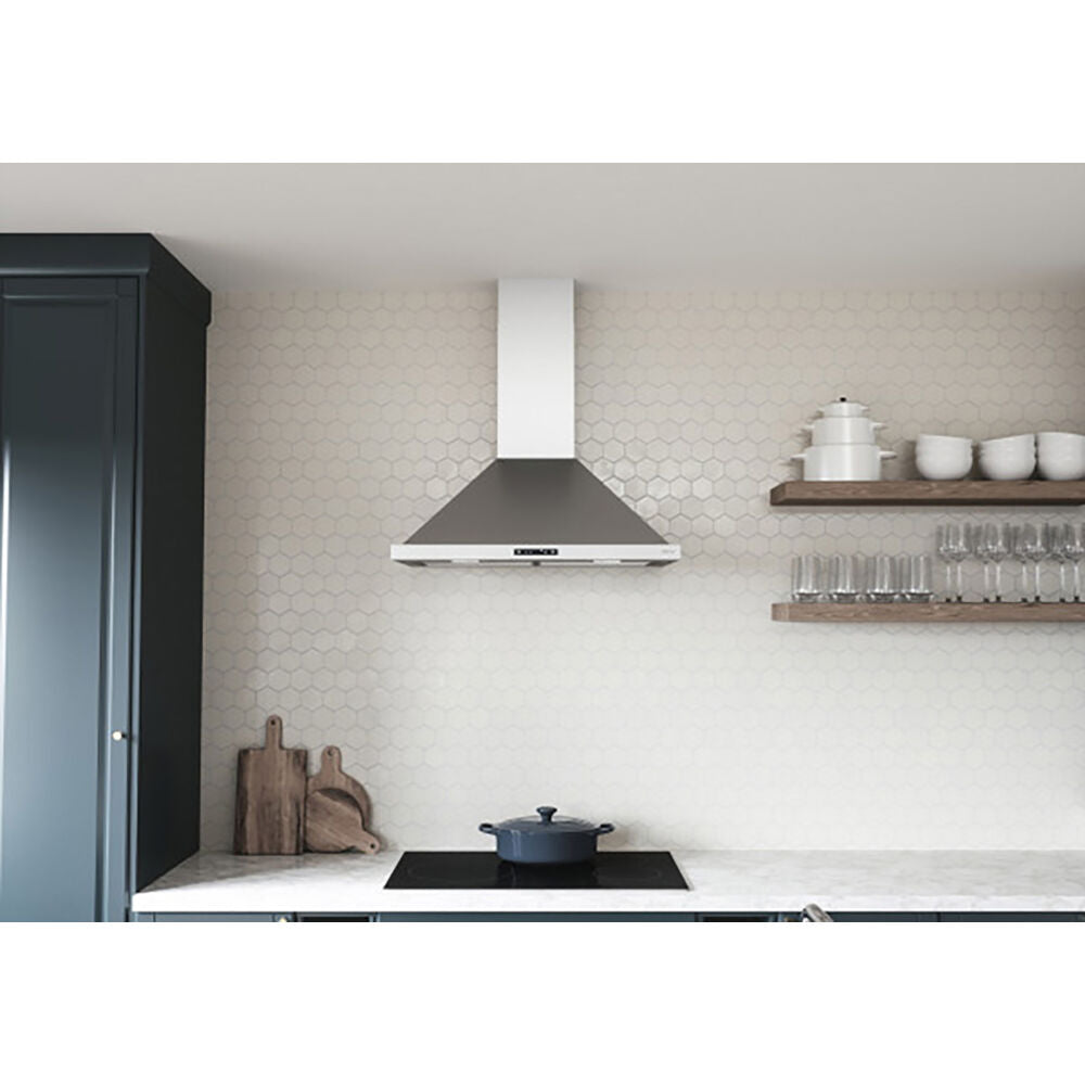 Stainless steel wall-mounted chimney hood with LED lights above black cooktop in kitchen with hex tile backsplash and open shelving