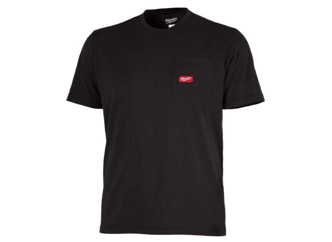 Black short sleeve pocket t-shirt with red logo patch, designed for comfort in tools and home improvement tasks