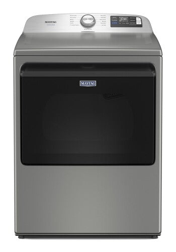 Front view of gray smart top load dryer with digital display and control dial for dryers and appliances collections