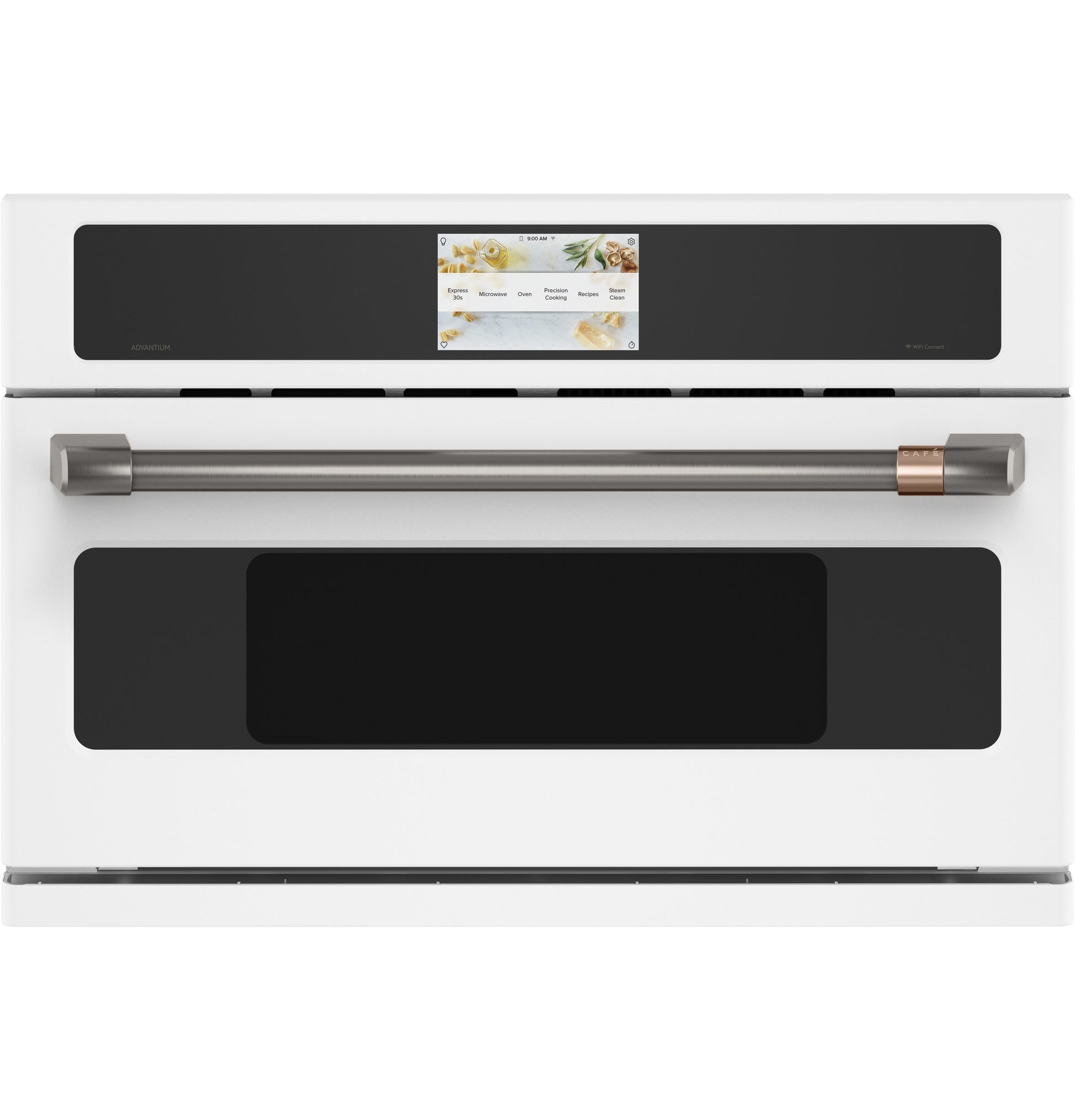 White wall oven with digital touchscreen and brushed metal handle from kitchen appliances collection