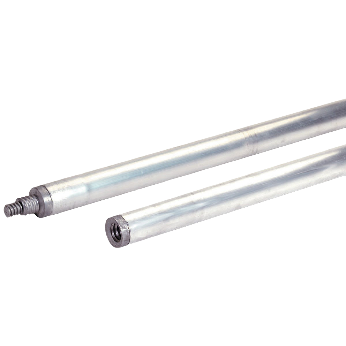 Two silver metal handle tubes with threaded and hollow ends for use with home improvement tools and bull floats