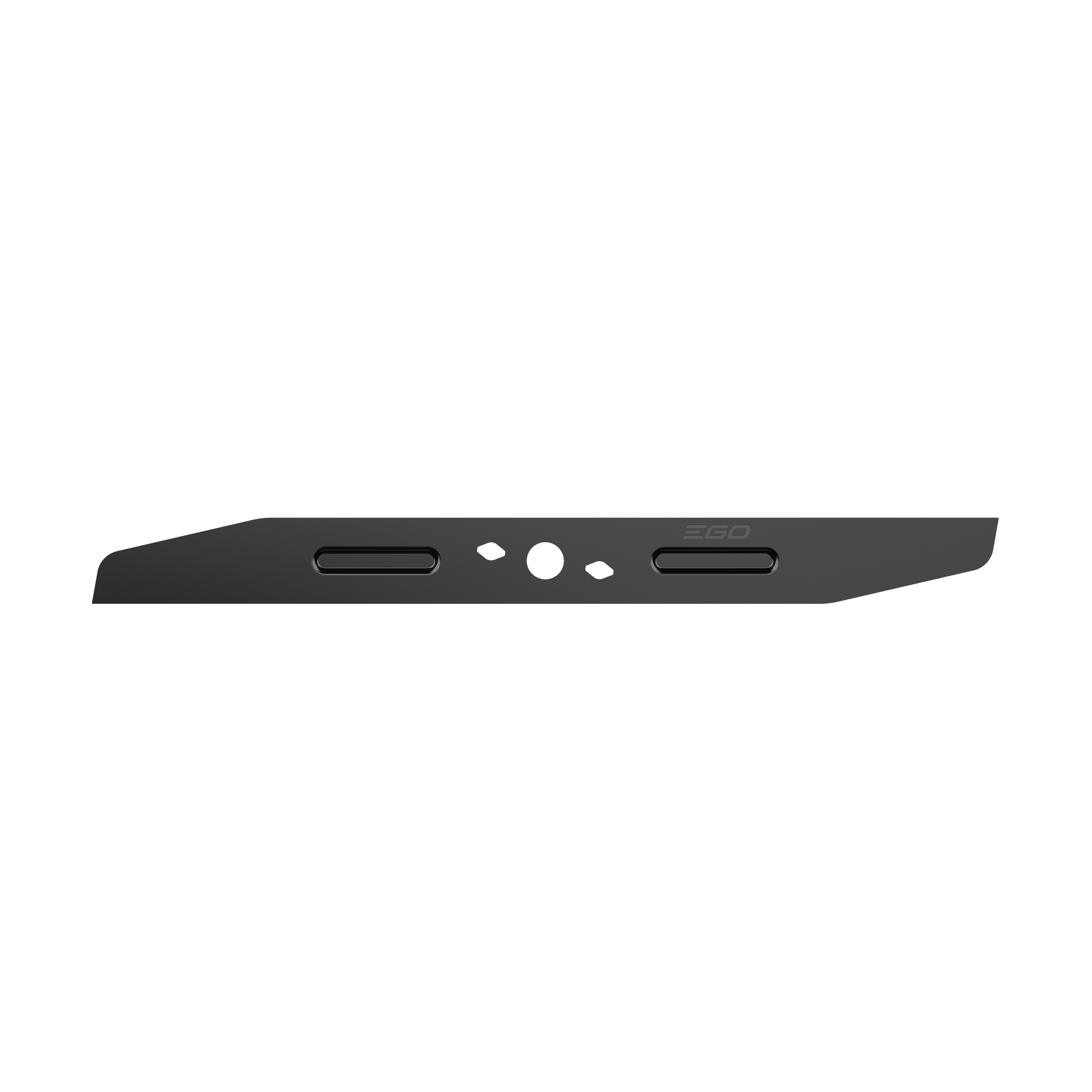Black aluminum mower blade with ventilation slots and subtle branding for outdoor power equipment tools