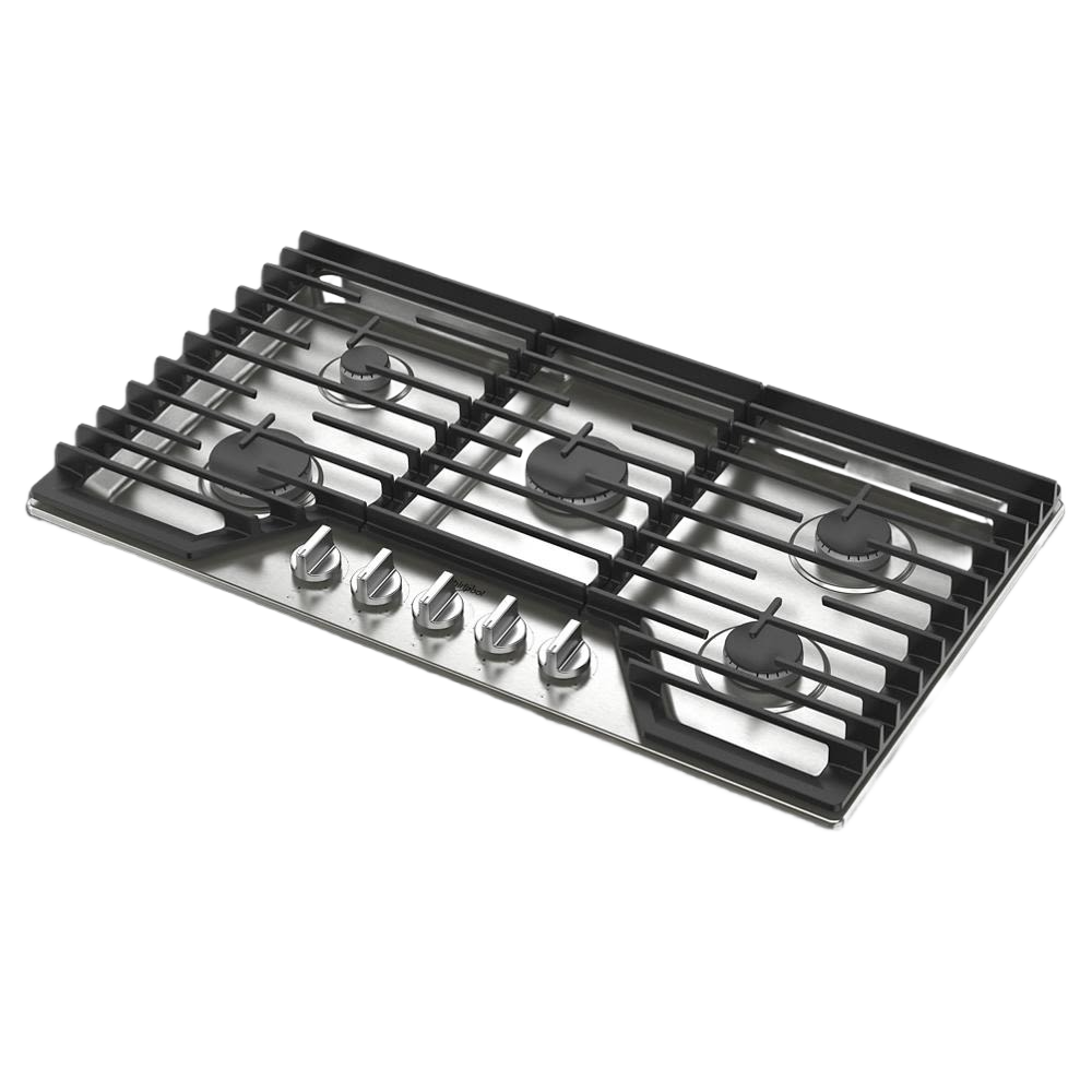 36-inch stainless steel gas cooktop featuring five burners and EZ-2-Lift hinged cast-iron grates for home use