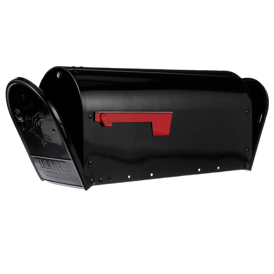 Black metal mailbox with red flag and rounded top designed for outdoor home improvement use