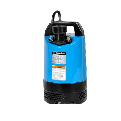 Blue and black submersible utility pump with top handle and threaded outlet, designed for plumbing and rental equipment at Hartville Hardware.