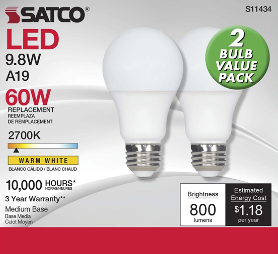 Two A19 LED light bulbs with medium base emitting warm white 2700K light and 800 lumens brightness
