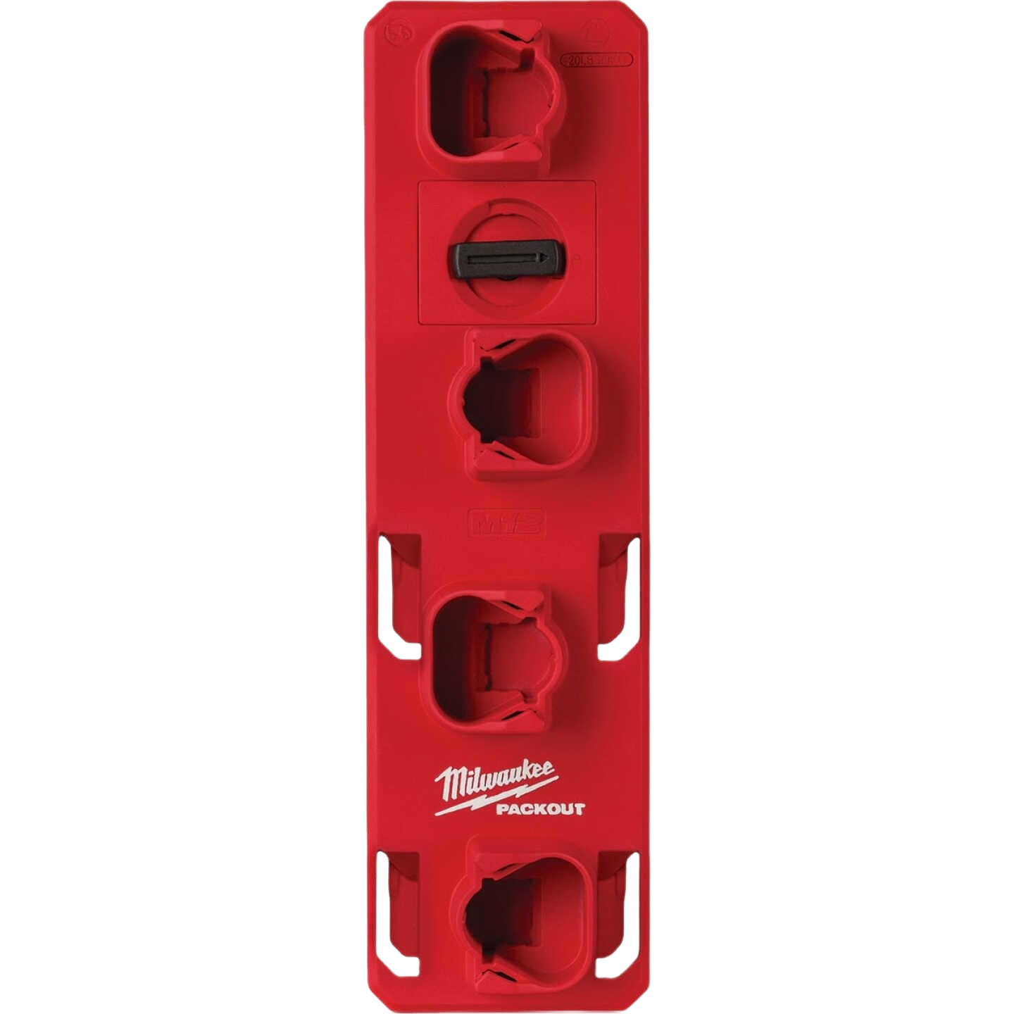Red modular battery rack organizer for M12 batteries, designed for efficient workshop and garage storage solutions.