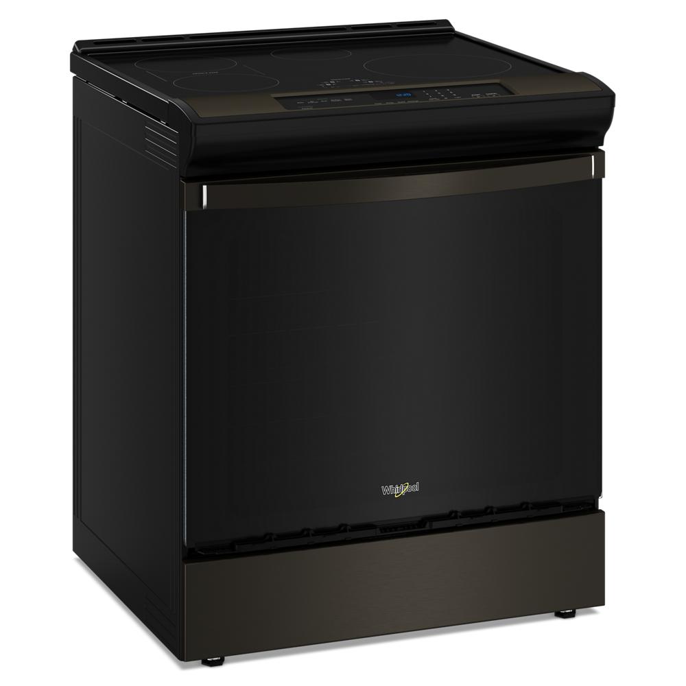 Freestanding black stainless steel induction range with smooth cooktop and digital touch controls, part of Ranges and Kitchen & Kitchenware collections.