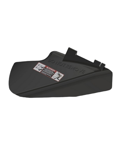 Black plastic mower deck discharge chute with safety warning label for lawn equipment use