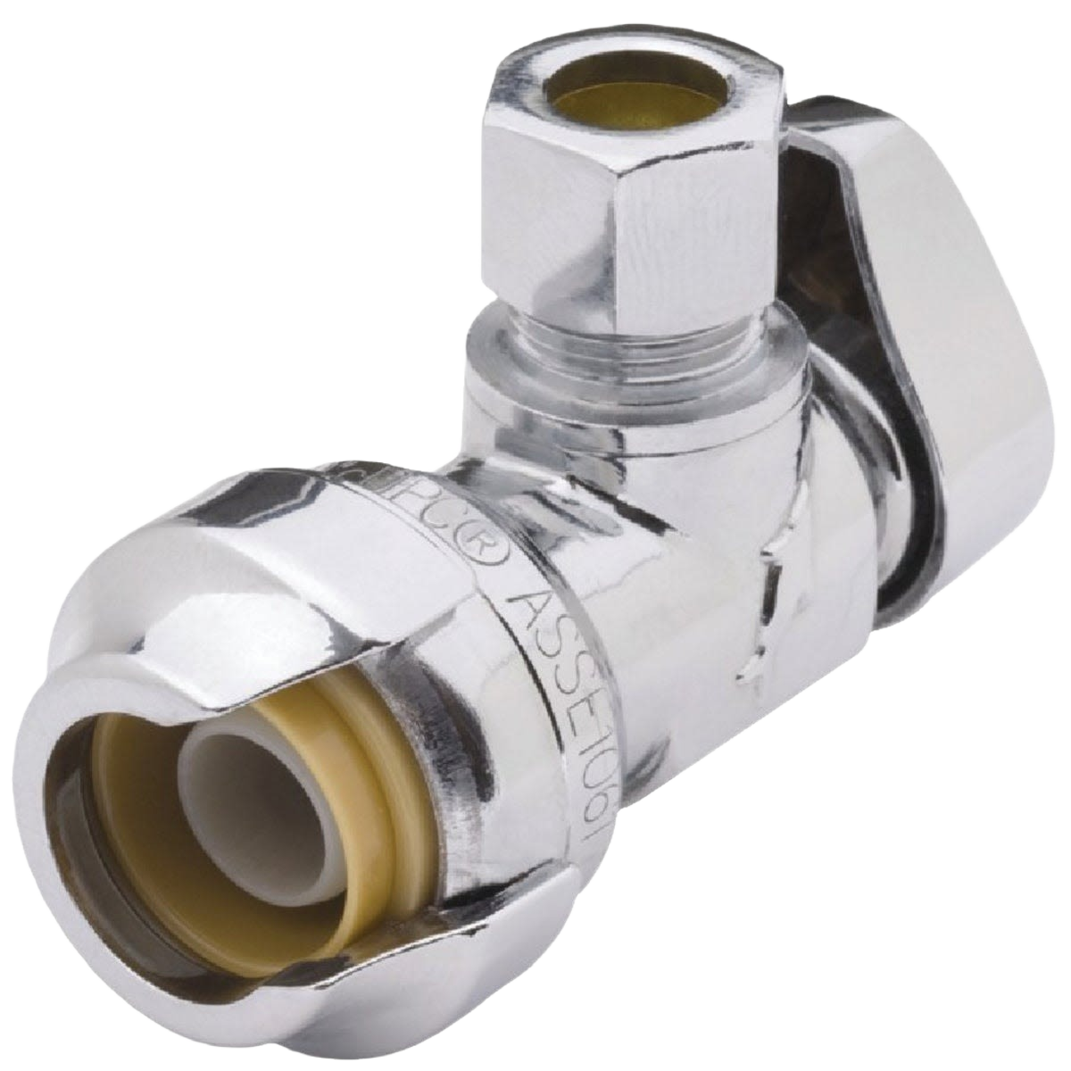 Chrome quick-connect angle valve for plumbing with half-inch fitting and durable push-to-connect design under $50 category