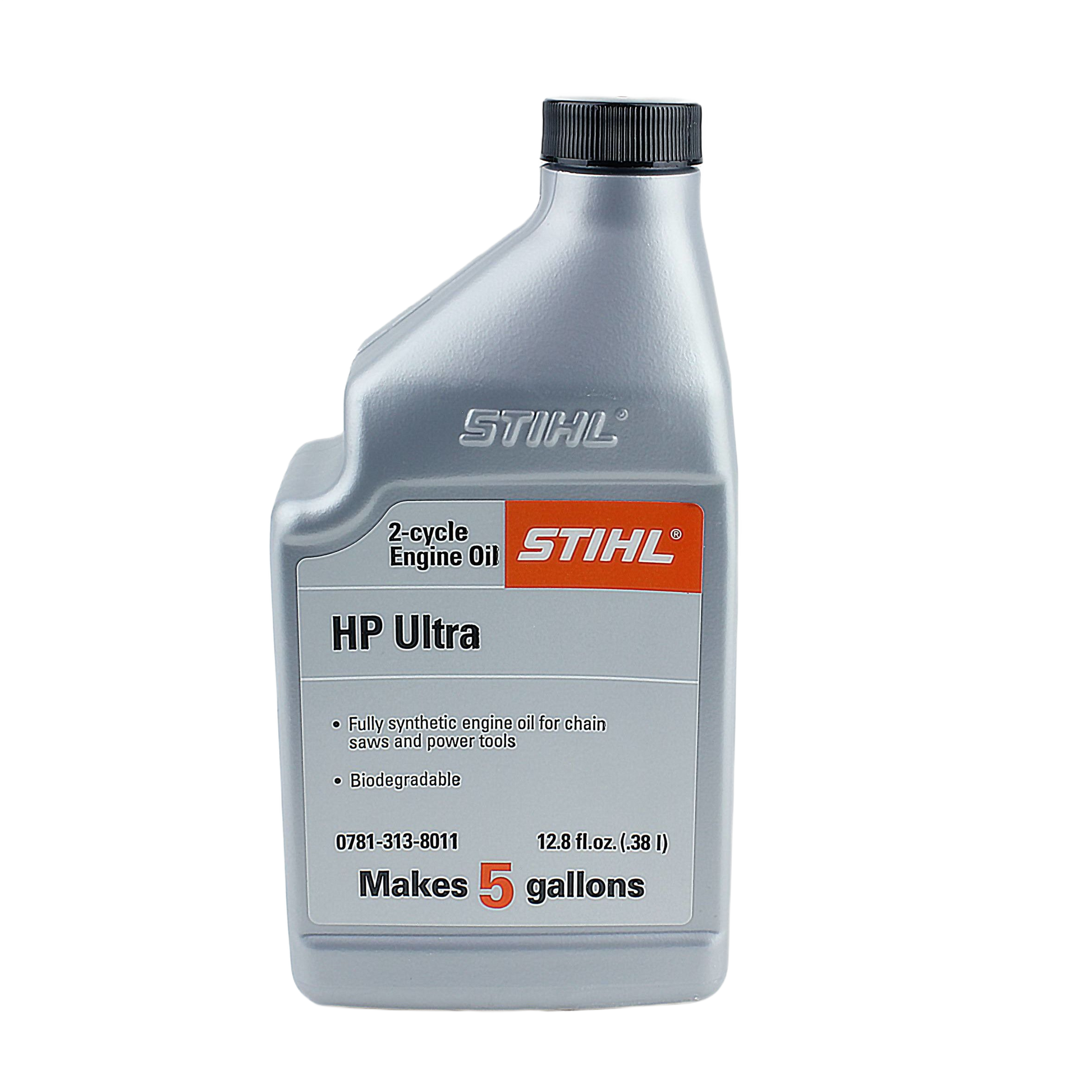 Gray plastic container of STIHL synthetic 2-cycle engine oil designed for chainsaws and power tools maintenance