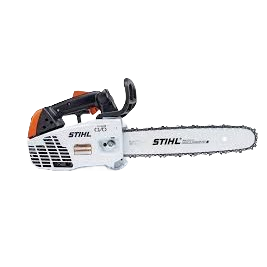 Compact STIHL gas-powered chainsaw with ergonomic rear handle and guide bar, part of outdoor power equipment and rental tools at Hartville Hardware.