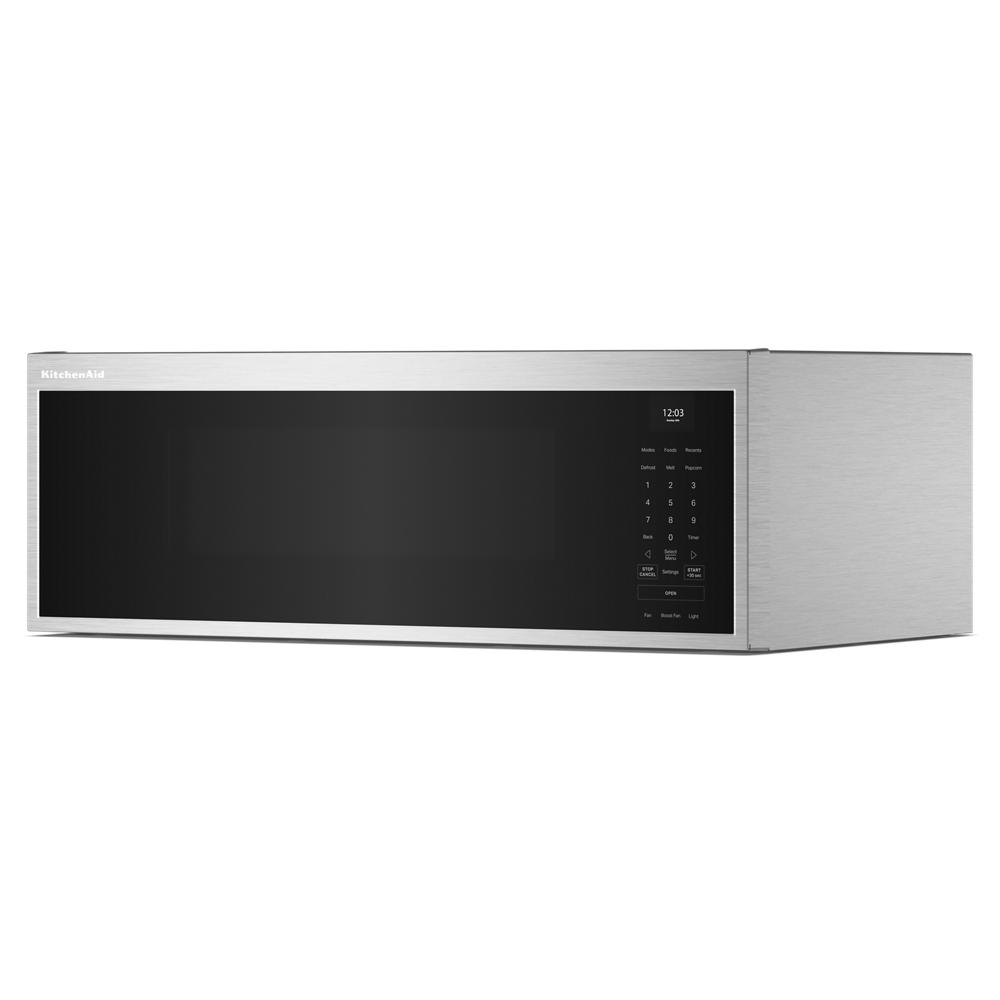 Stainless steel smart low profile microwave hood with digital touch controls in KitchenAid microwaves and appliances collection