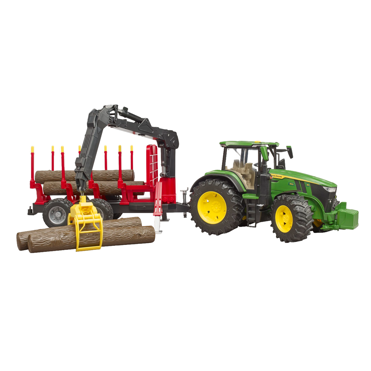 Green and yellow tractor toy with red forestry trailer lifting logs from Vehicles & Remote Controlled Toys collection