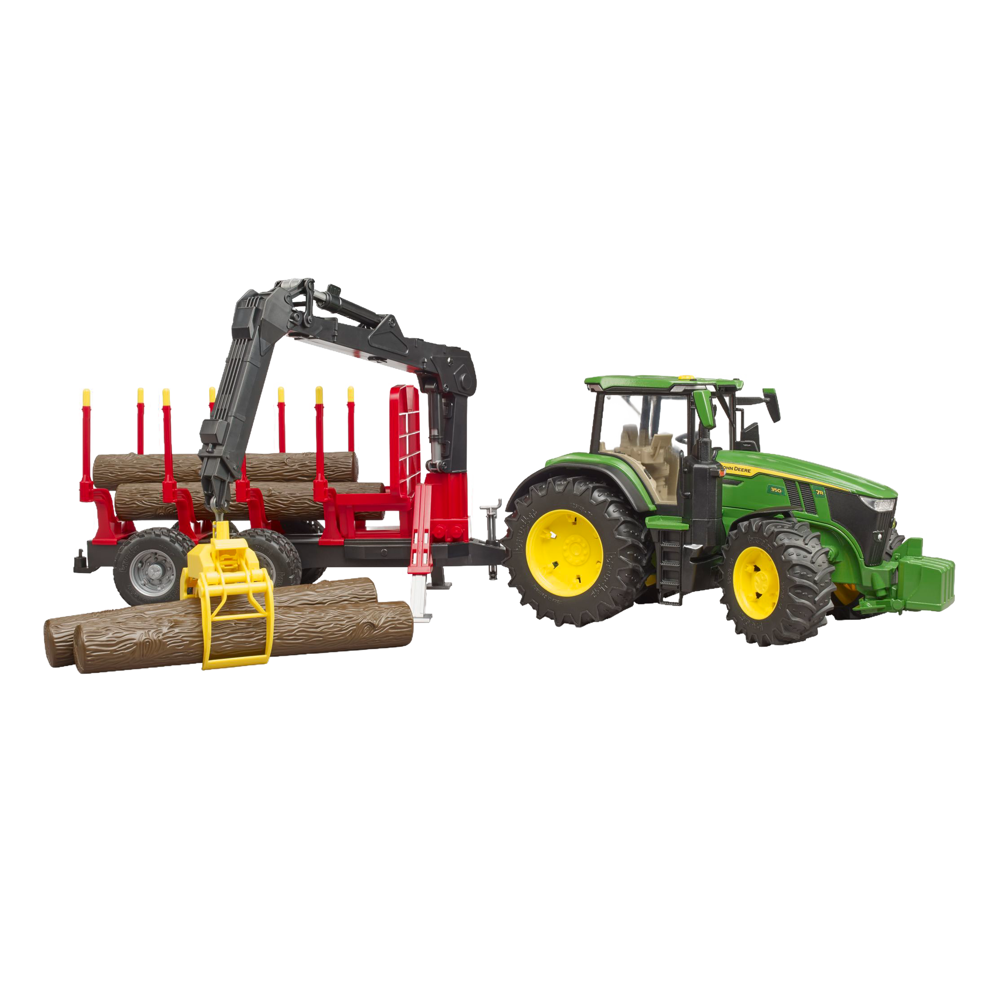 Green and yellow tractor toy with red forestry trailer lifting logs from Vehicles & Remote Controlled Toys collection