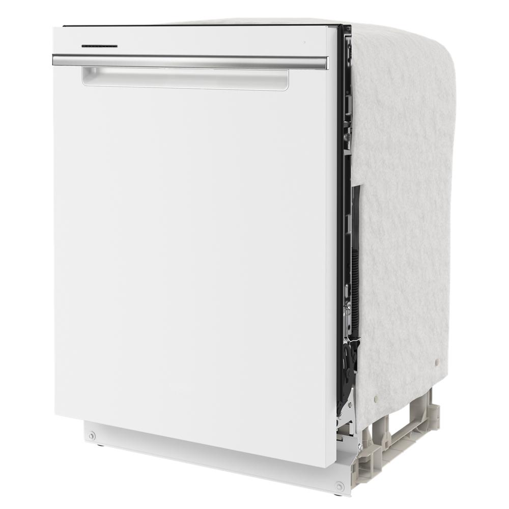 Partially assembled white freestanding dishwasher with modern handle and insulating cover in Appliances and Kitchenware collections
