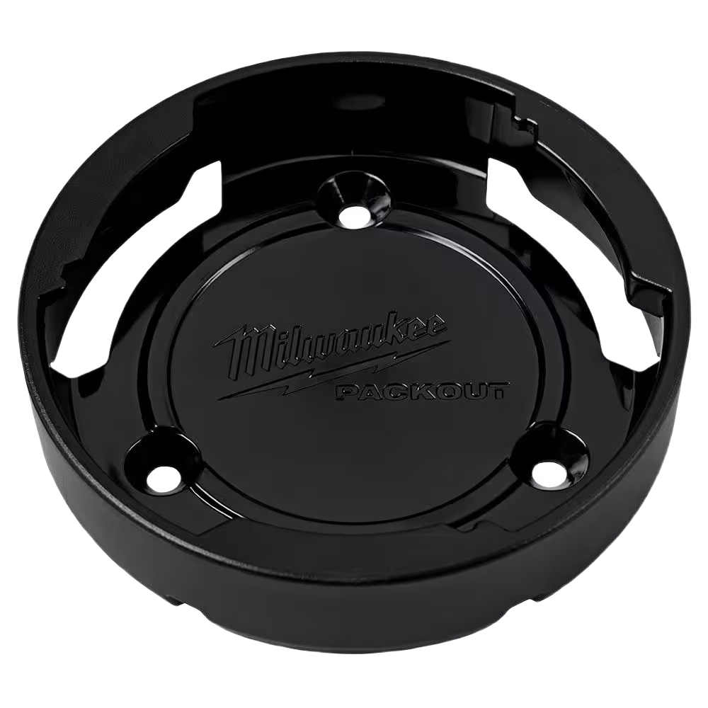 Black circular Milwaukee PACKOUT™ Twist to Lock Mount with three mounting holes for tool accessory attachment in home improvement.