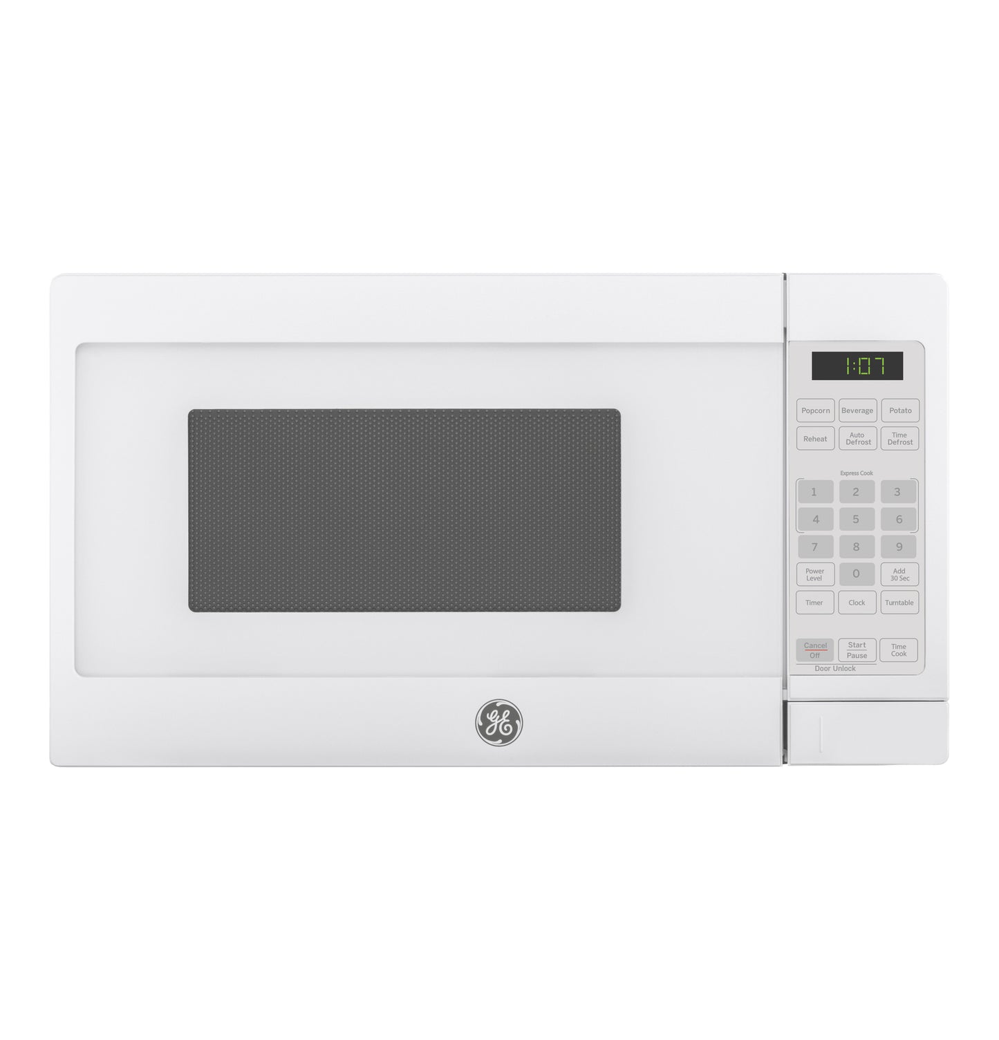 White countertop microwave with digital display and keypad controls in kitchen appliances and microwaves collection